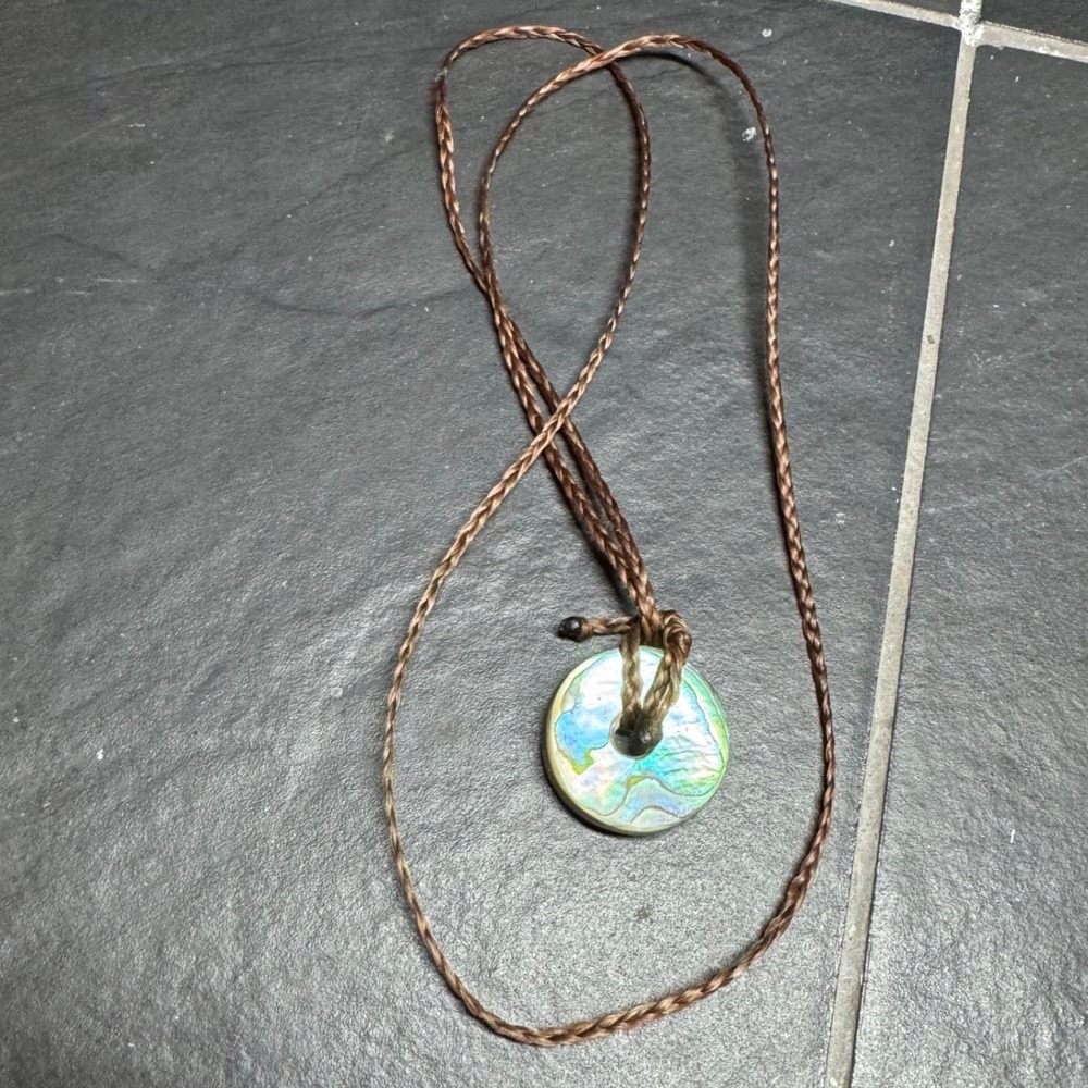 Abalone Shell Reversible Donut Pendant Braided Cord Necklace Boho Iridescent‎